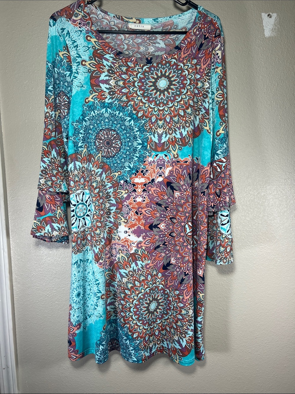 entro Turquoise Multicolor Medallion Long-Sleeve Dress